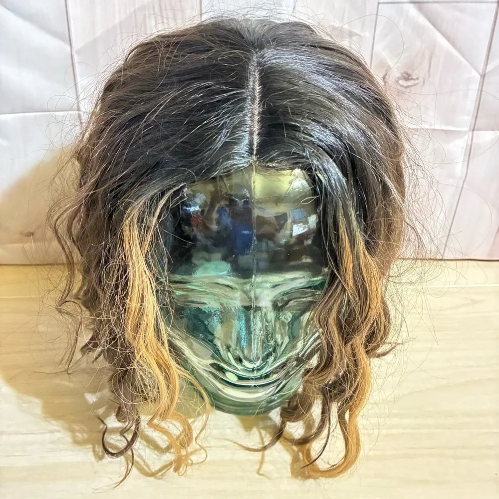 Ombré Wavy Wig Front Lace Middle Part Bob Brown/Blonde Highlight Shoulder Length